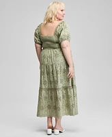 And Now This Trendy Plus Eyelet Embroidered Cotton Puff-Sleeve Maxi Dress, Exclusively at Macy's