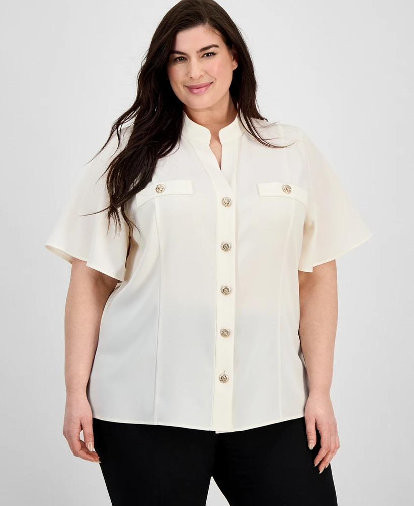 Anne Klein Plus Split-Neck Flutter-Sleeve Button-Front Blouse