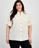 Anne Klein Plus Split-Neck Flutter-Sleeve Button-Front Blouse