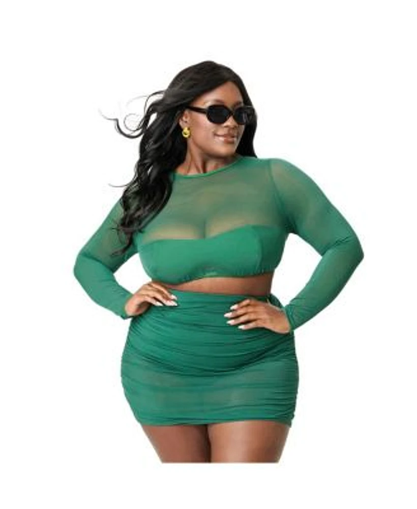 Plus Size Mesh Long Sleeve Swim Top Shirred Skirt Swim Bottom
