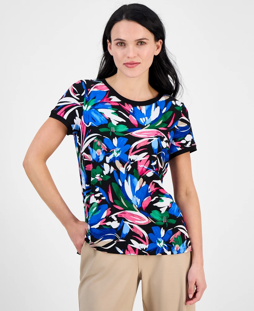 Ak Anne Klein Petite Printed Button-Back Short-Sleeve Top