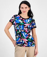 Ak Anne Klein Petite Printed Button-Back Short-Sleeve Top