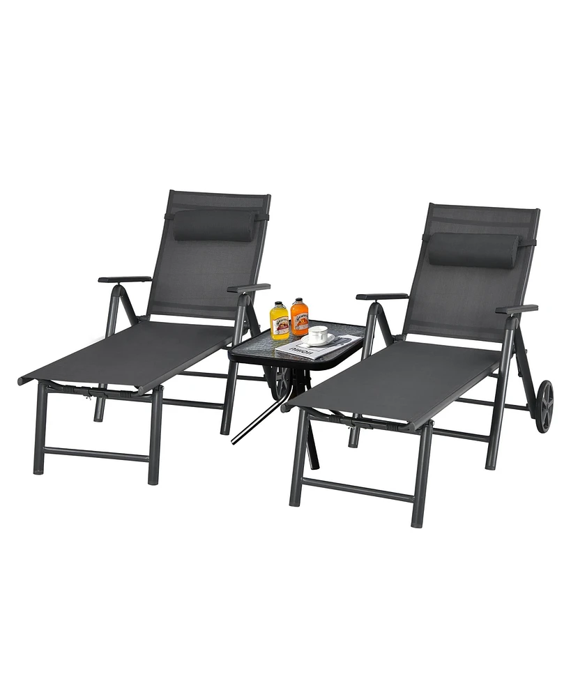2PCS Patio Lounge Chair W/ Wheels Neck Pillow Aluminum Frame Adjustable