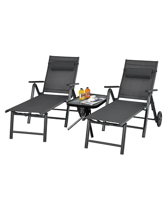 2PCS Patio Lounge Chair W/ Wheels Neck Pillow Aluminum Frame Adjustable