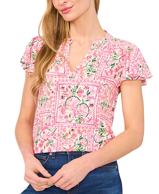 CeCe Women's Shirred V-Neck Flutter-Sleeve Blouse