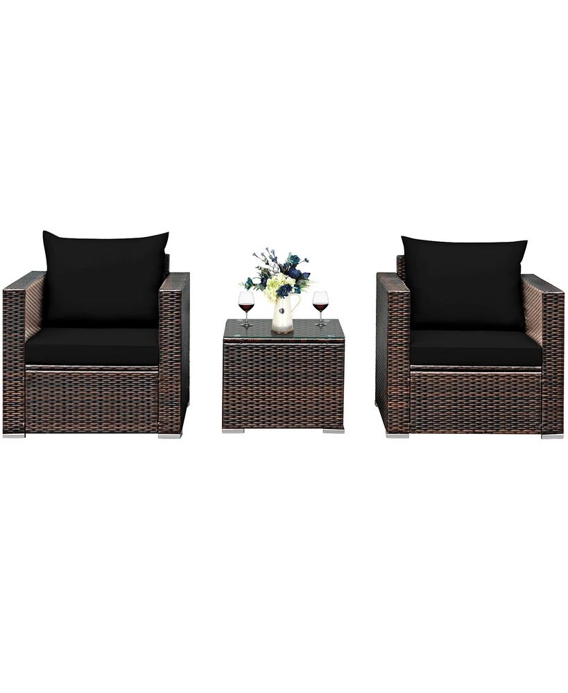 Gymax 3 Piece Outdoor Patio Rattan Conversation Furniture Set w/ Cushions & Coffee Table