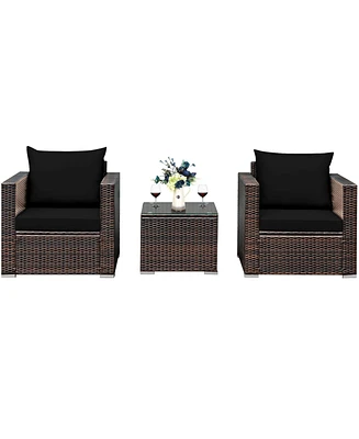 Gymax 3 Piece Outdoor Patio Rattan Conversation Furniture Set w/ Cushions & Coffee Table