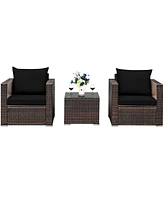 Gymax 3 Piece Outdoor Patio Rattan Conversation Furniture Set w/ Cushions & Coffee Table