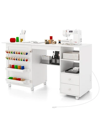 Folding Sewing Table with Charging Station and Storage Shelves