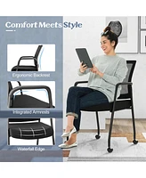 2 Pieces Office Guest Chairs on Wheels with Metal Frame and Armrests
