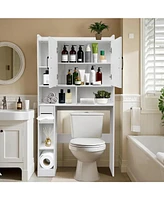 Over The Toilet Storage Cabinet, Farmhouse Storage Cabinet Over Toilet with 2 Barn Door & Toilet Paper Holder StandHome Space-Saving Toilet Rack for B