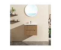 Casainc 24" Wall Mounted Walnut Bathroom Vanity Cabinet with White Basin Sink Combo Floating