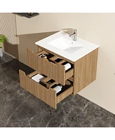 Casainc 24" Wall Mounted Walnut Bathroom Vanity Cabinet with White Basin Sink Combo Floating