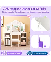Kids Vanity Table and Chair Set with Removable Tri-Folding Mirror