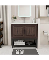 Casainc 36" Bathroom Vanity with White Ceramic Sink & Faucet,Freestanding Bathroom Cabinet with 2 Storage Doors and Open iron Shelf