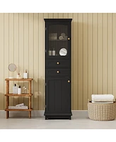 Casainc 63" Tall Bathroom Storage Cabinet with Glass Doors, Free-Standing, Two Drawers, and Adjustable Shelves, Mdf Board, Painted white