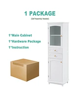 Casainc 63" Tall Bathroom Storage Cabinet with Glass Doors, Free-Standing, Two Drawers, and Adjustable Shelves, Mdf Board, Painted white