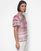 Dkny Petite Printed Puff-Shoulder Blouse