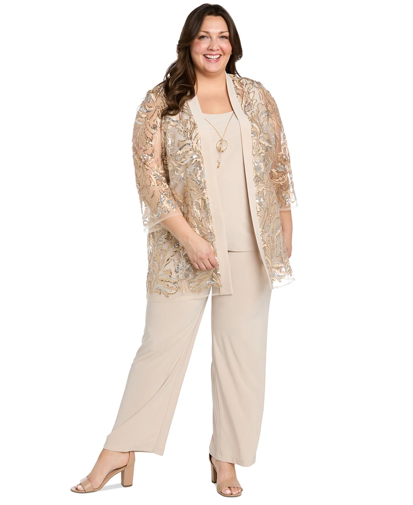 R & M Richards Plus 3-Pc. Embellished Jacket, Necklace Top Pant Set