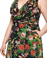 Betsy & Adam Plus Floral Print V-Neck Sleeveless Gown