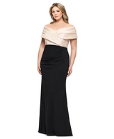 Betsy & Adam Plus Mixed-Material Off-The-Shoulder Gown