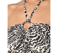 Michael Kors Women's Printed Logo-Ring Shirred One- Piece Swimsuit