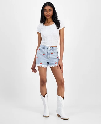 Indigo Rein Juniors' Cherry Embroidered Denim Shorts