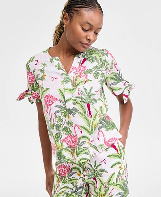 Charter Club Women's 100% Linen Tied-Sleeve Palm Shirt, Exclusively at Macy's