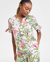 Charter Club Women's 100% Linen Tied-Sleeve Palm Shirt, Exclusively at Macy's