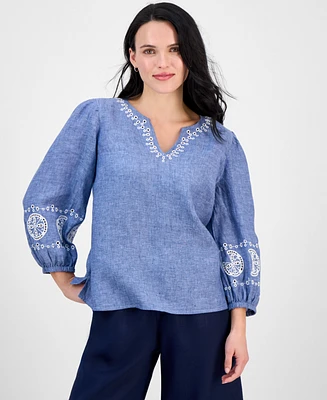 Charter Club Petite Delave Embroidered Linen Blouse, Exclusively at Macy's