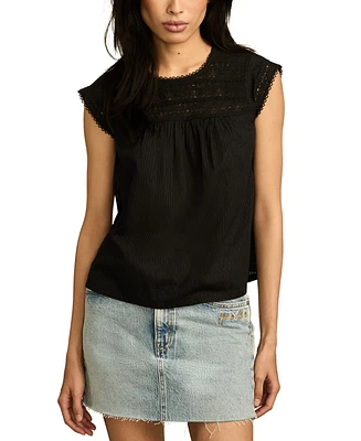 Lucky Brand Women's Lace-Neck Pintuck Cotton Top