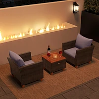 3 Pcs Outdoor Patio Rattan Bistro Furniture Set Wooden Table Top Cushioned Sofa