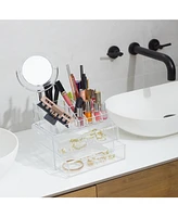 Clear Makeup Organizer with Vanity Mirror, 15 Easily Sort Compartments & 2 Drawers, Acrylic Compact Makeup Organizer for Cosmetics & Jewelry