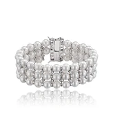 Sterling Silver White Gold Plated Cubic Zirconia 3 Row Pearl Bracelet