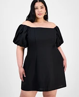 Bar Iii Trendy Plus Bubble-Sleeve Off-The-Shoulder Dress, Exclusively at Macy's