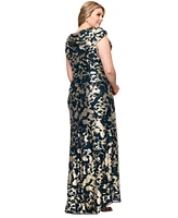 Betsy & Adam Plus Metallic Print Cowlneck Gown
