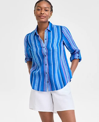 Charter Club Women's Magnolia Button-Down Roll-Tab-Sleeve Woven 100% Linen Top, Exclusively at Macy's