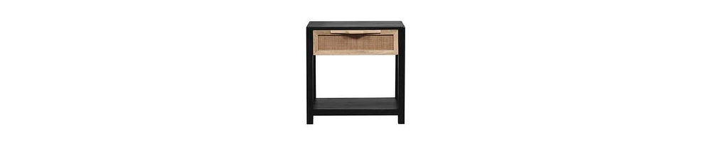 Mango Wood Side Table – Rattan Drawer & Open Shelf Storage