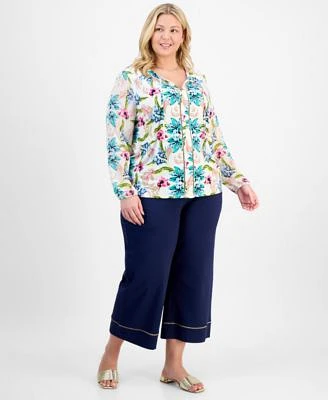 Jm Collection Plus Size Ladder Trim Printed Mixed Media Top Pull On Capri Pants Exclusively At Macys