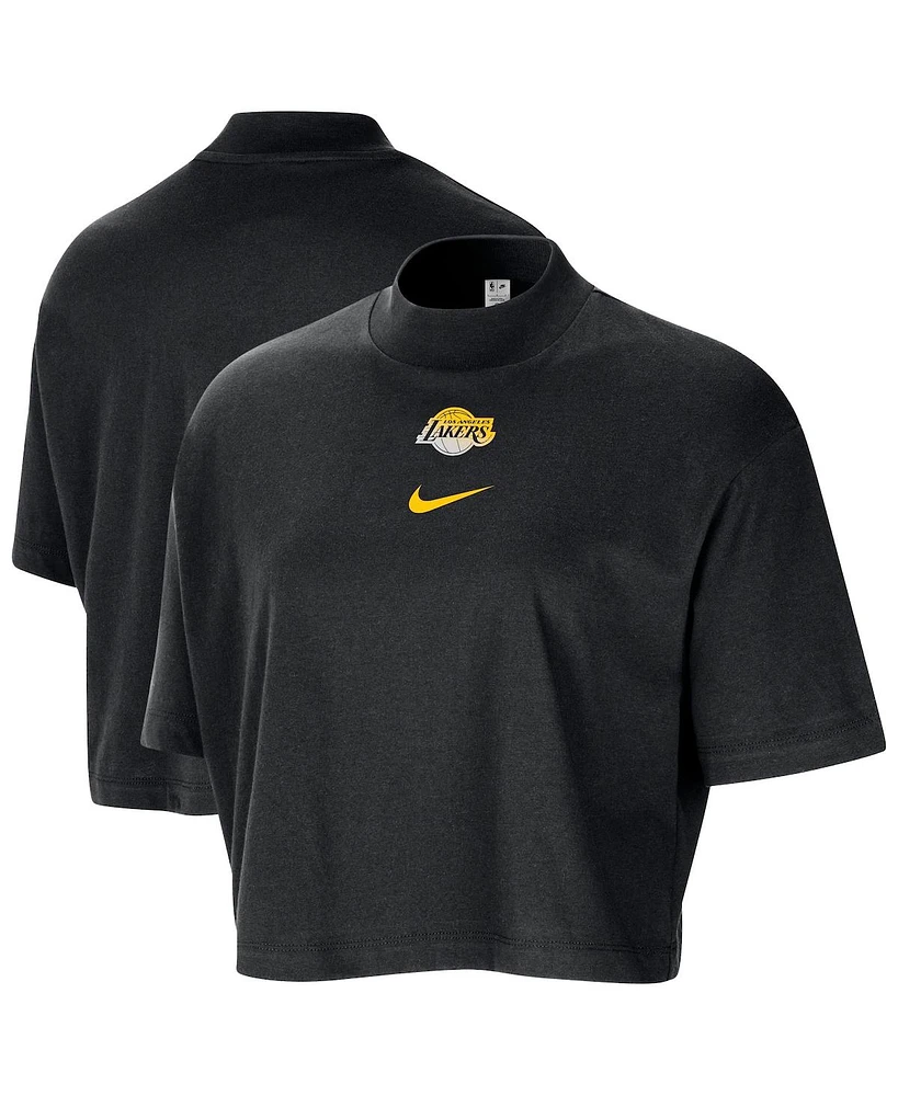 Nike Women's Black Los Angeles Lakers Courtside Mock Neck Loose Fit Cropped T-Shirt