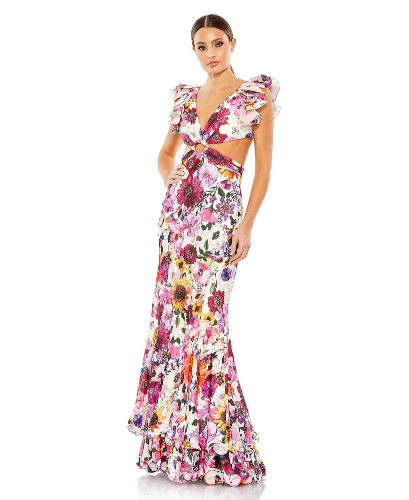 Mac Duggal Women's Floral Print Ruffle Shoulder Cut Out Gown