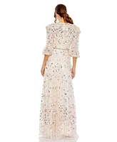 Mac Duggal Women's Floral Applique Puff Sleeve High Neck A-Line Gown