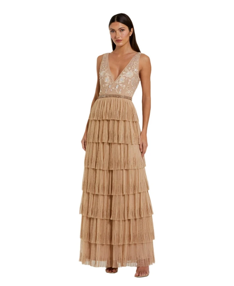 Mac Duggal Women's Beaded Mesh V Neck Gown With Tiered Ruffles