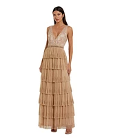 Mac Duggal Women's Beaded Mesh V Neck Gown With Tiered Ruffles