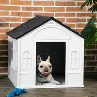 Dog House Outdoor & Indoor Wooden Dog Kennel for Winter with Raised Feet Weatherproof for Large Dogs(Gold red and black)44.5"26.4"27.8"(M)