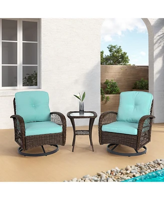3-Piece Swivel Rocker Patio Set, Blue chairs, cushions, glass table