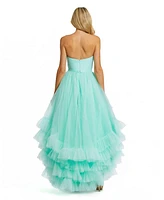 Mac Duggal Women's Strapless Ruched Sweetheart Ruffle High Low Gown