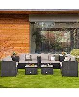 Gymax 8PCS Cushioned Rattan Patio Conversation Set w/ Coffee Table Side Table