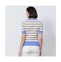 Etcetera Women's Beige Blue Stripes Jersey Pullover Sweater Notebook