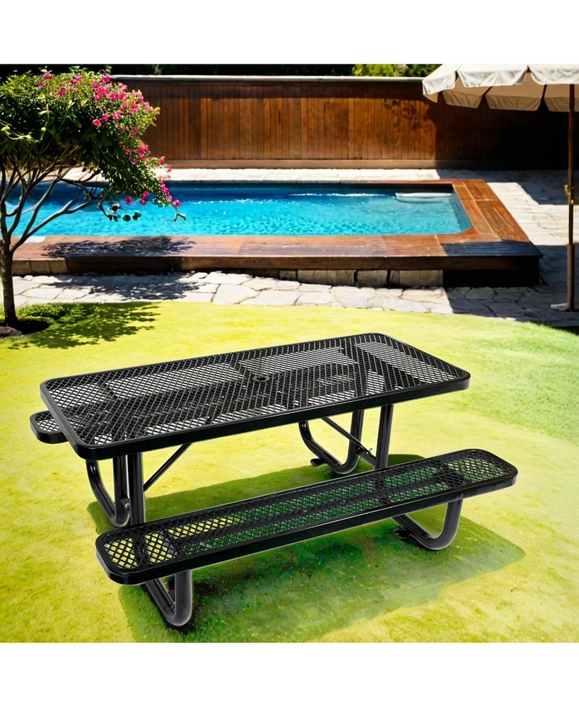 6 ft, Rectangular Outdoor Steel Picnic Table with umbrella pole in Black